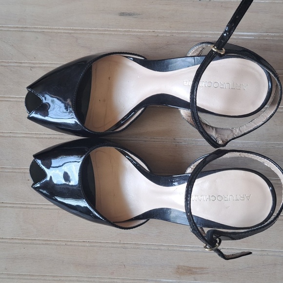 Arturo Chiang Black Patent Leather Peep Toe Ankle Strap Wedge Heels - Picture 2 of 14
